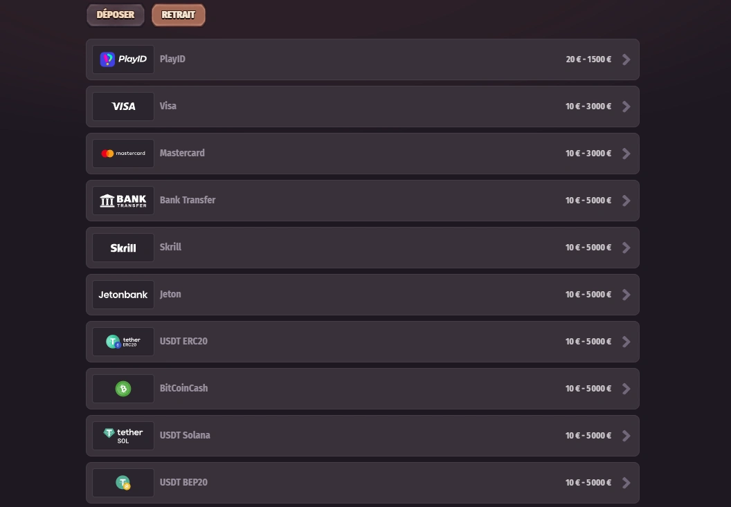 Méthodes de paiement sur Dragonia Casino avec cartes bancaires, portefeuilles électroniques et cryptomonnaies