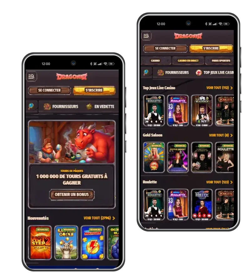 Version mobile de Dragonia Casino sur deux smartphones avec accès aux machines à sous et au casino en direct